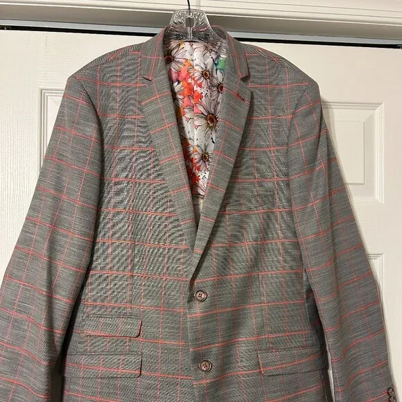 Mens PAISLEY & GRAY Sz 42L Gray & Peach Plaid Slim Fit Suit Jacket Sport Coat - Picture 2 of 13